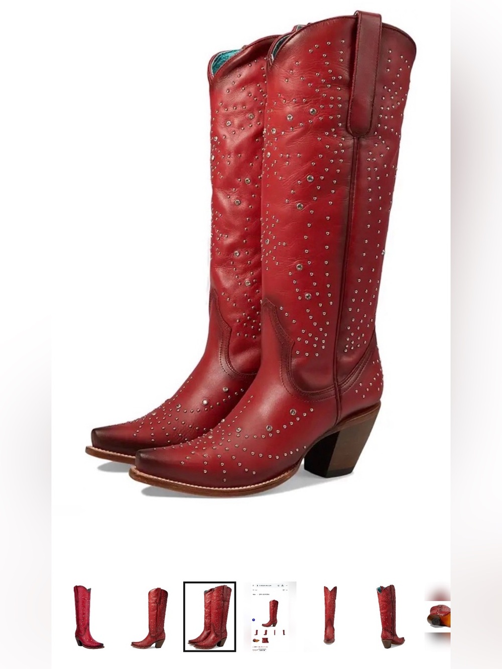 Corral Red Studded Tall Western Boots Sz 7 Snip Toe Side Zip NWT - Picture 12 of 16